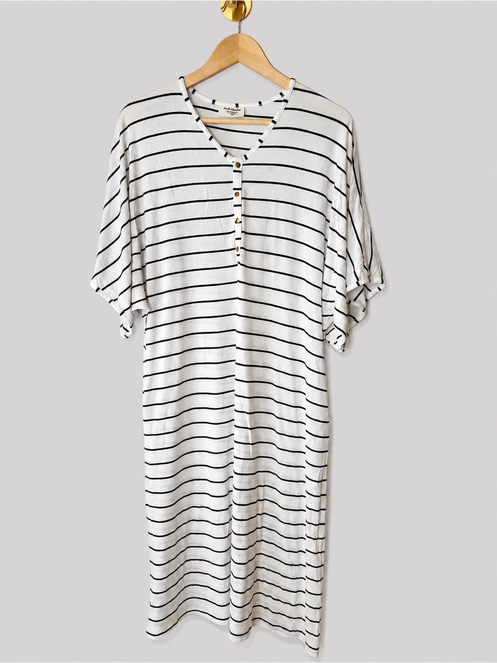 Dwell & Slumber White Black Striped Henley T-Shirt Dress | Relaxed Short Sleeve